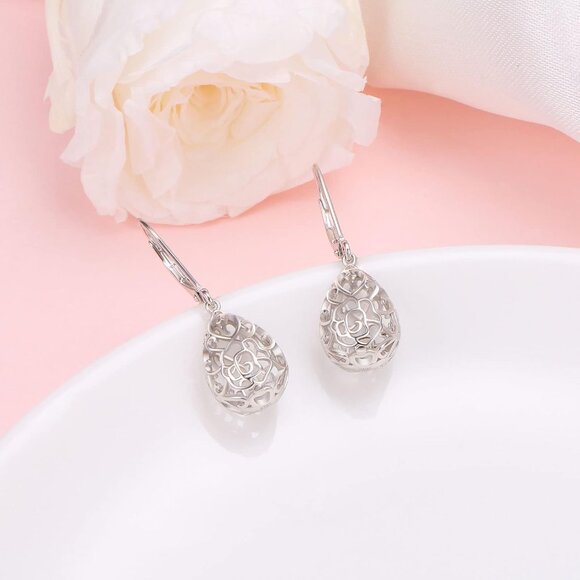 Sterling Silver Rose Leverback Earrings: Floral Blossom  🆕Women\'s Rose Flower Filigree 925 Sterling Silver Flower Lever back Earring